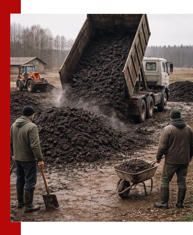 Доставка низинного торфа с разгрузкой и доставкой в Калининграде