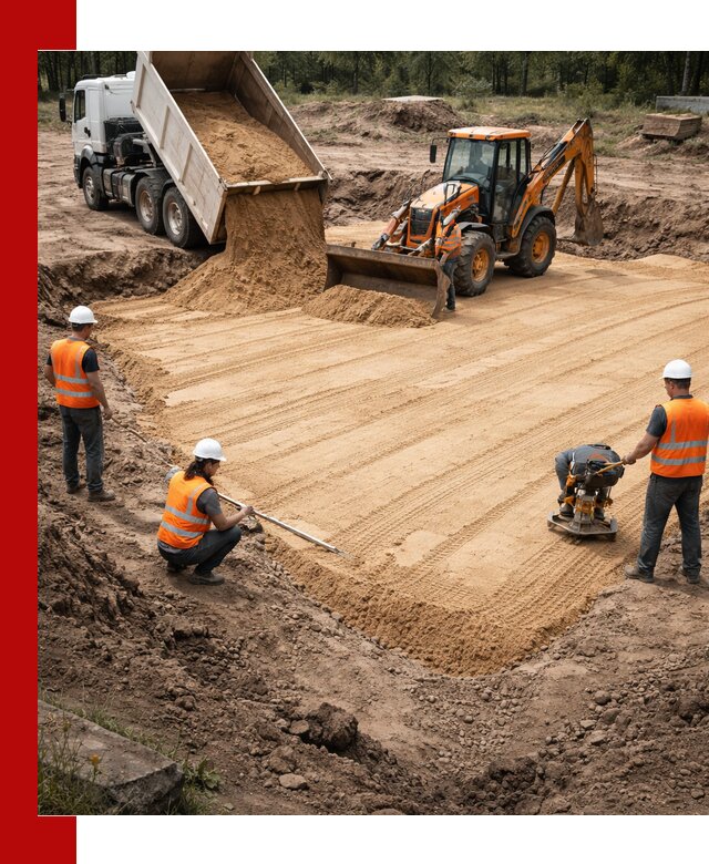 Устройство песчаной подушки для фундаментов и дорог в Калининграде